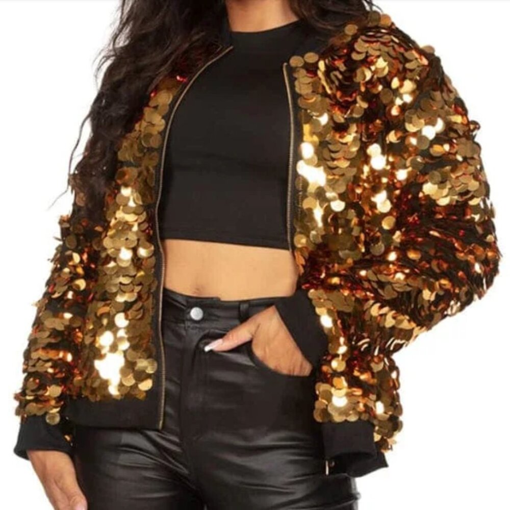 Gold Sequin Disc Bomber Jacket